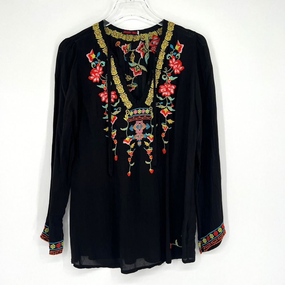 Johnny‎ Was Top Womens S Black Embroidered Boho Floral Lightweight Hippie